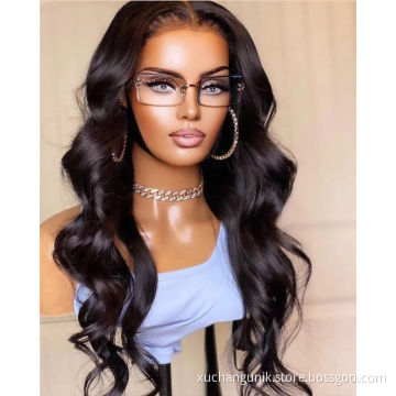 Uniky  40 inch raw 13x6 body wave transparent hd 360 lace frontal brazilian preplucked body short full lace human hair wigs